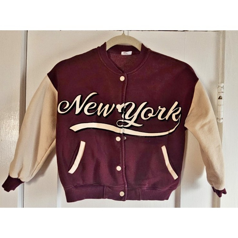 ZARA kids maroon cream‎ New York varsity jacket cotton bomber jacket Sz 8-9 yrs